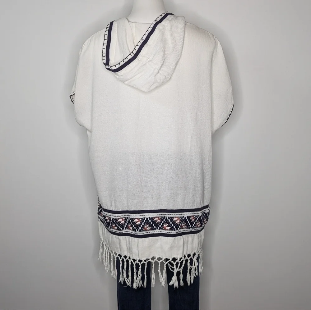 Tory Burch white blue orange tassel 100% cotton hooded cover up top XS/S